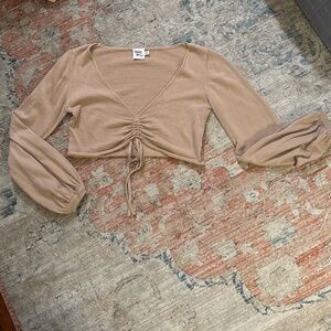 Princess Polly Beige Plunge Puff Sleeve Cropped Top